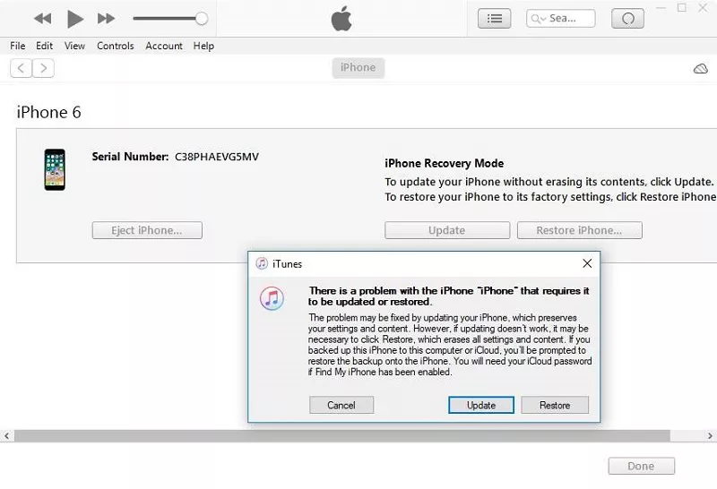 iPhone存在需要更新或恢复的问题