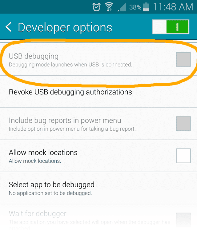 usb debugging option greyed out